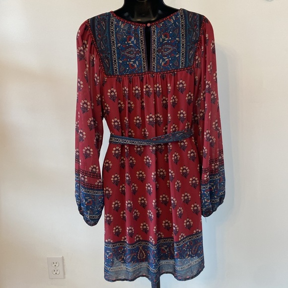Flying Tomato Burgundy Blue Floral Belted Dress Flowing Size Medium - Picture 4 of 7